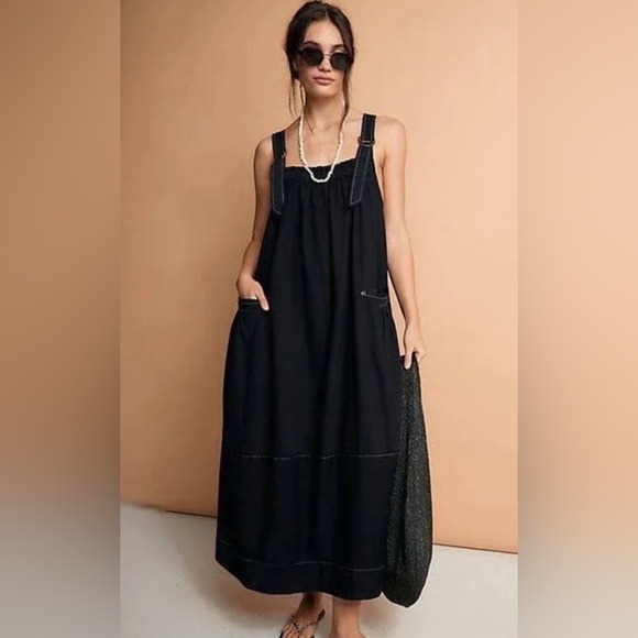 Free People Dresses & Skirts - Free People Black Maxi Dress with White Stitching & Open Back